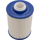 High angle view of a washable 40 sq ft spa filter cartridge showing the blue bottom end cap with white male threaded connection