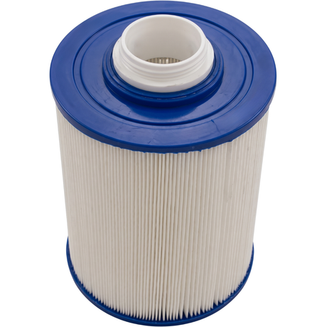 High angle view of a washable 40 sq ft spa filter cartridge showing the blue bottom end cap with white male threaded connection