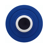 Direct overhead view of a washable 40 sq ft spa filter cartridge showing the blue end cap with white male threaded fitting