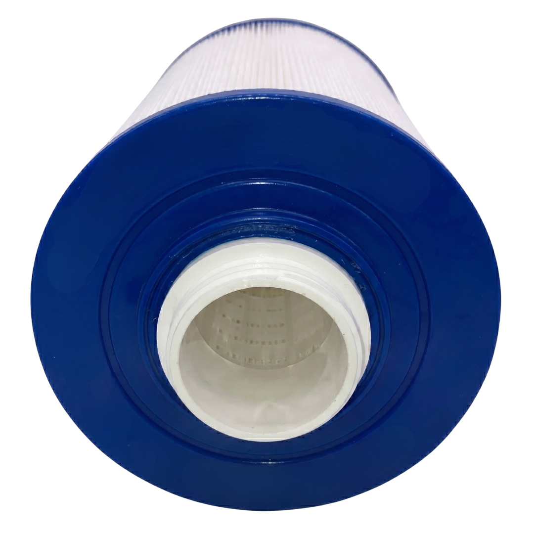 Close-up low angle view of a washable 40 sq ft spa filter cartridge showing the blue bottom end cap with white male threaded spigot connection