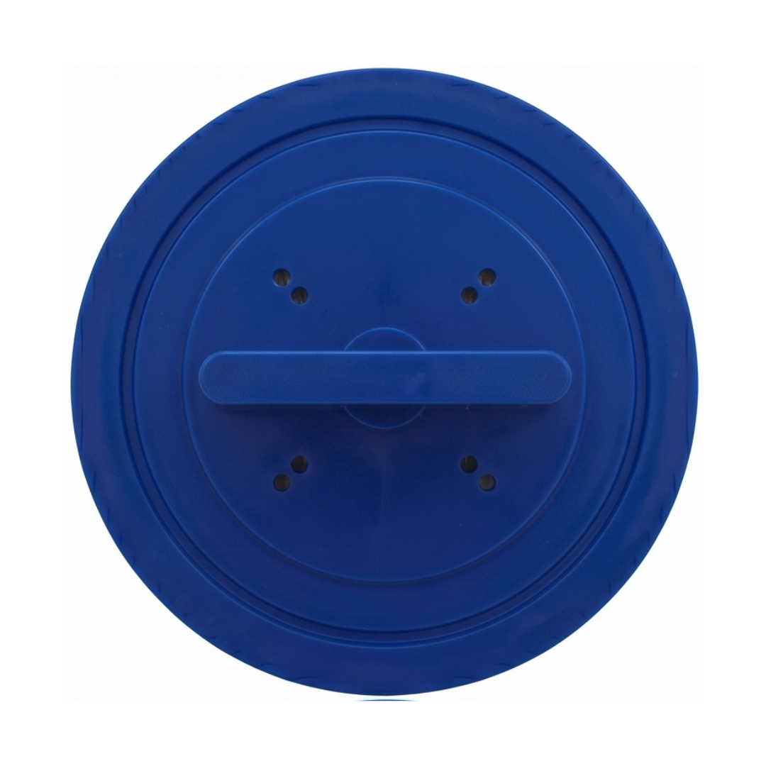Direct overhead view of a washable 40 sq ft spa filter cartridge showing the blue solid top end cap with molded plastic handle