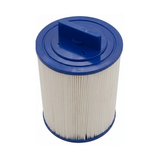 Overhead high angle view of a washable 40 sq ft spa filter cartridge highlighting the blue top end cap with molded handle