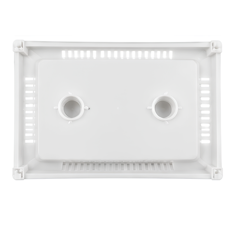 Top-down view of a durable white rectangular wide-mouth pool skimmer leaf basket featuring slotted ventilation sides and dual circular center ports.