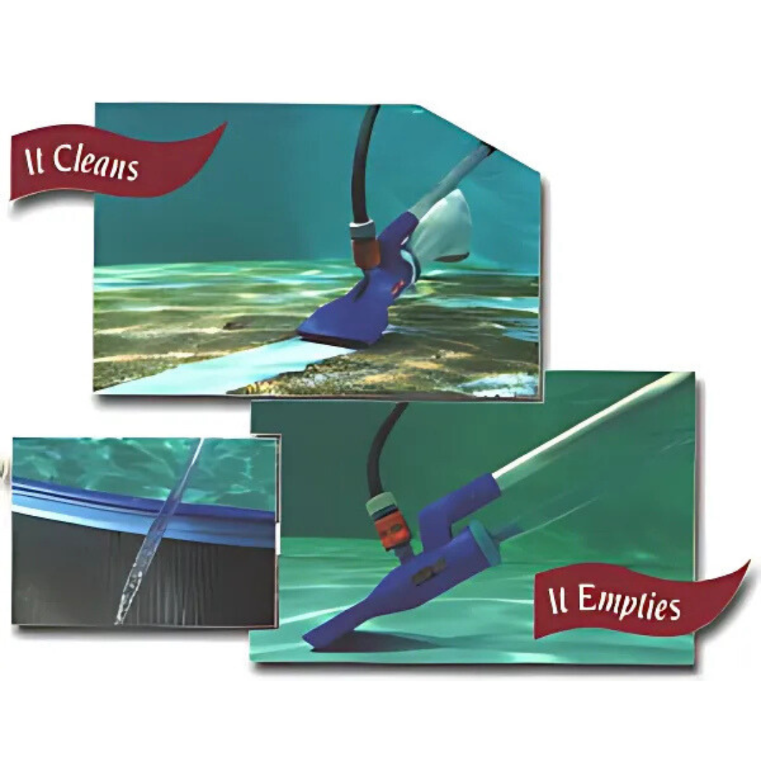 Infographic displaying the dual functions of the Swimsafe Supa-Vac pool tool. The top image is labeled 'It Cleans' and shows it vacuuming dirt from a pool floor. The bottom images are labeled 'It Empties' and demonstrate its use as a venturi pump siphoning water out over a pool edge.