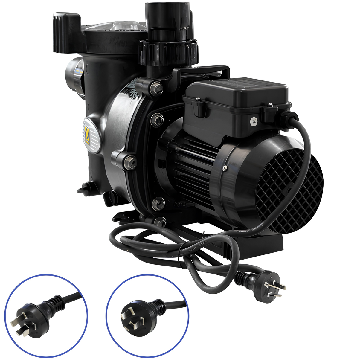 Rear view of a black Zodiac FloPro series pool pump with close-up inset diagrams highlighting the standard 3-pin Australian power plug configuration on a white background