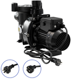 Rear view of a black Zodiac FloPro series pool pump with close-up inset diagrams highlighting the standard 3-pin Australian power plug configuration on a white background