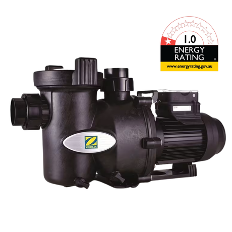 Three-quarter studio view of an all-black Zodiac FloPro SS 1.0 HP pool pump, featuring the Zodiac logo badge, black quick-connect unions, ergonomic strain basket lid, and a 1.0-star energy rating badge isolated on white.