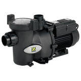 Front three-quarter studio view of a Zodiac FloPro SS 2.0 HP pool pump, highlighting the front quick-connect inlet union, silver Zodiac emblem, clear strainer pot lid, top outlet port, and black motor housing isolated on white.