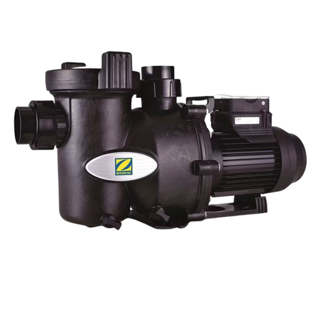 Three-quarter studio view of an all-black Zodiac FloPro SS 2.0 HP pool pump, displaying the silver Zodiac logo emblem, black union connections, strainer pot housing, and electric motor assembly isolated on white.