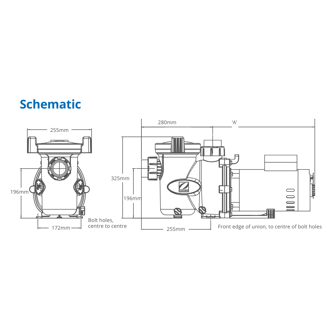 Technical dimensional schematic line drawing showing front and side profile measurements for Zodiac FloPro SS pool pumps isolated on white.