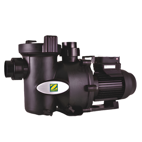 Zodiac FloPro high-performance swimming pool pump with heavy-duty black housing, built-in hair and lint strainer pot, and quick-connect unions against a white background.