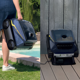 Split screen image showcasing a person carrying the lightweight Zodiac FreeRider FR1000 iQ robotic pool cleaner by its handle next to a pool, and the unit docked on its outdoor charging station.