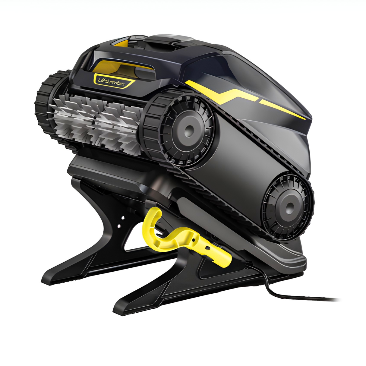Zodiac FreeRider FR1000 iQ cordless robotic pool cleaner resting on its black inductive charging station dock with the yellow retrieval hook attached below.