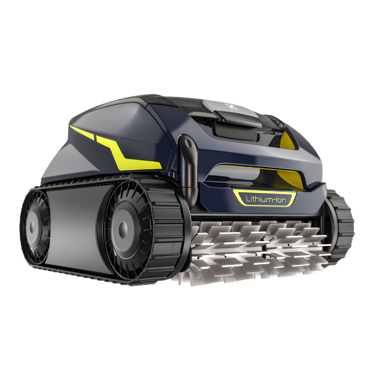 Zodiac FreeRider FR1000 iQ cordless robotic pool cleaner on a white background showcasing its dark blue body, yellow accents, continuous track system, and front dual scrubbing brushes.