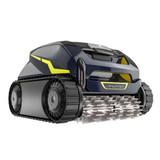 Zodiac FreeRider FR1000 iQ cordless robotic pool cleaner on a white background showcasing its dark blue body, yellow accents, continuous track system, and front dual scrubbing brushes.