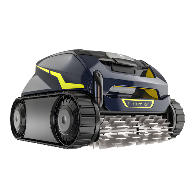 Zodiac FreeRider FR1000 iQ cordless robotic pool cleaner on a white background showcasing its dark blue body, yellow accents, continuous track system, and front dual scrubbing brushes.