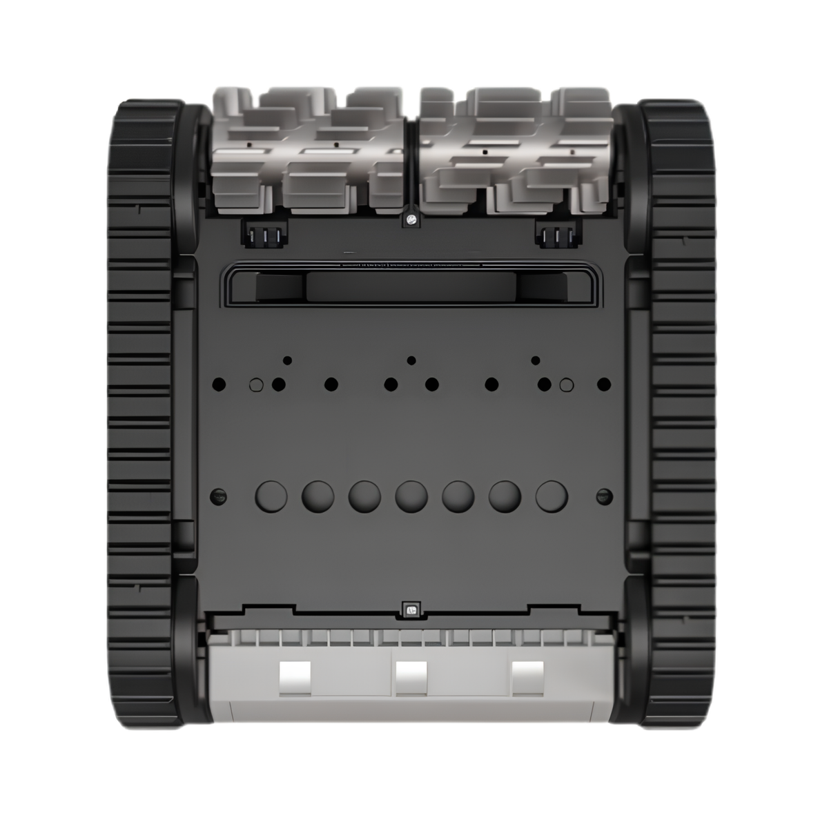 Underside view of a Zodiac FreeRider FR1000 iQ cordless robotic pool cleaner showing the black undercarriage, side tracks, front scrubbing brushes, and bottom intake suction openings.