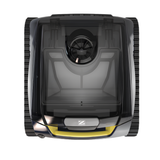 Top-down view of a Zodiac FreeRider FR1000 iQ cordless robotic pool cleaner showing its transparent canister lid, internal filter basket, and top-mounted intake fan.