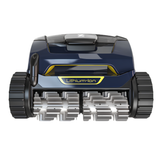 Front angle view of a Zodiac FreeRider FR1000 iQ cordless robotic pool cleaner highlighting its dual active scrubbing brushes, tracks, and yellow Lithium-Ion badge.