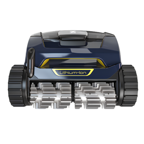 Front angle view of a Zodiac FreeRider FR1000 iQ cordless robotic pool cleaner highlighting its dual active scrubbing brushes, tracks, and yellow Lithium-Ion badge.
