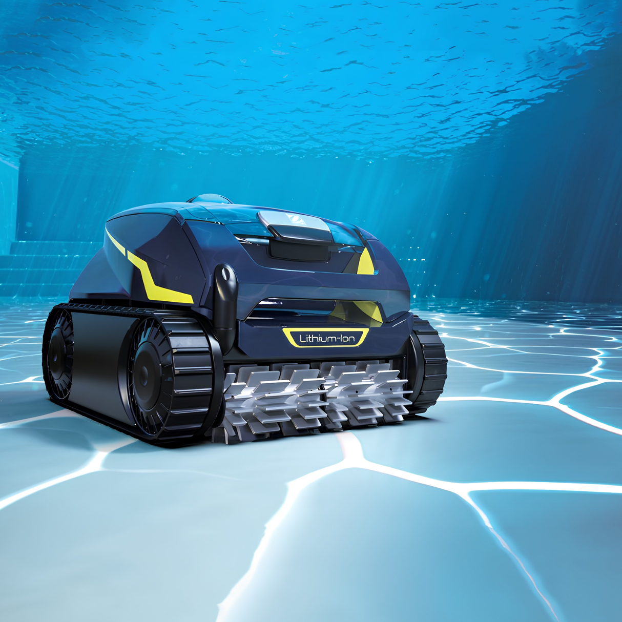 Zodiac FreeRider FR1000 iQ cordless robotic pool cleaner operating underwater on a blue tiled swimming pool floor with sun reflections and clear water.