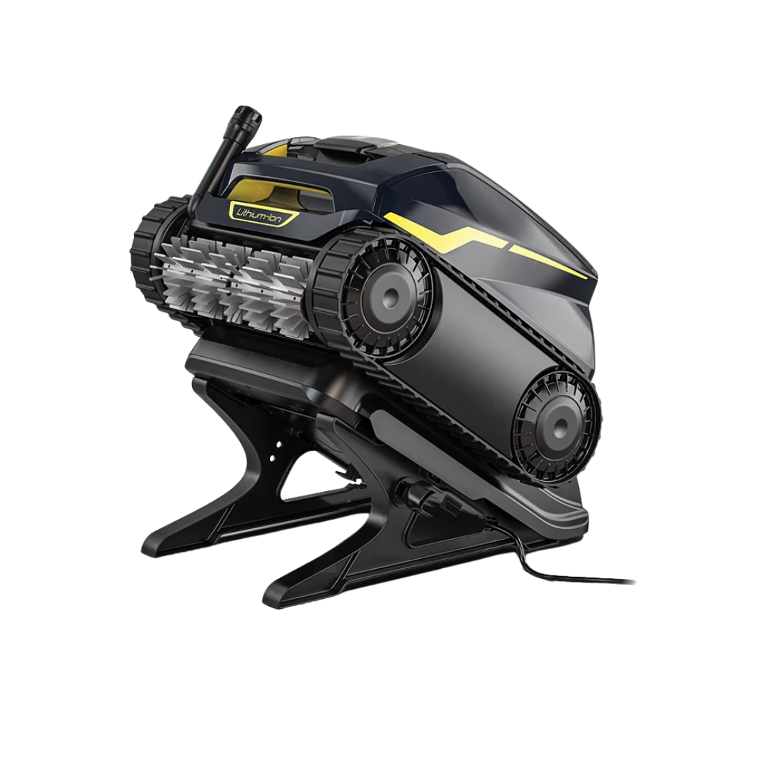 Three-quarter studio view of the Zodiac FreeRider™ FR2000 iQ cordless robotic pool cleaner mounted on its black charging dock station on an isolated white background, showcasing its dark blue body, yellow accents, Lithium-Ion badge, front helical scrubbing brush, continuous tracks, rear attachment accessory knob, and connected charging cord.