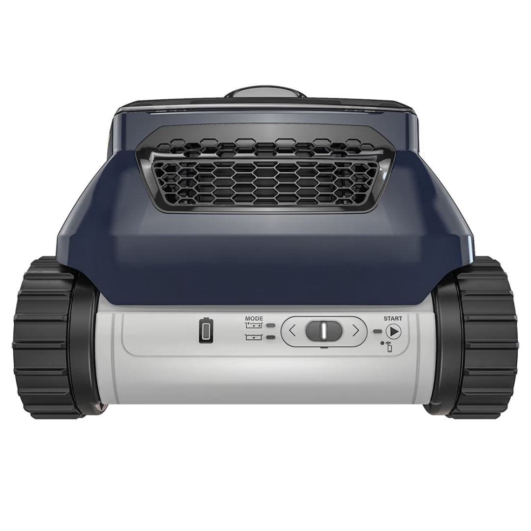 Straight-on rear elevation studio view of the Zodiac FreeRider™ FR2000 iQ cordless robotic pool cleaner on an isolated white background, showcasing its dark blue body shell, honeycomb rear water outlet grille, light grey lower housing, LED battery status indicator, cleaning mode selector buttons, power start button, Wi-Fi connectivity indicator, and black continuous tracks.