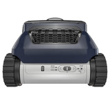 Straight-on rear elevation studio view of the Zodiac FreeRider™ FR2000 iQ cordless robotic pool cleaner on an isolated white background, showcasing its dark blue body shell, honeycomb rear water outlet grille, light grey lower housing, LED battery status indicator, cleaning mode selector buttons, power start button, Wi-Fi connectivity indicator, and black continuous tracks.