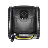 Top-down plan view studio photo of the Zodiac FreeRider™ FR2000 iQ cordless robotic pool cleaner on an isolated white background, detailing its transparent top canopy lid, internal filter canister viewing window, top impeller grille, silver Zodiac emblem, front yellow handle accent, rear corner attachment knob, and dual continuous tracks.