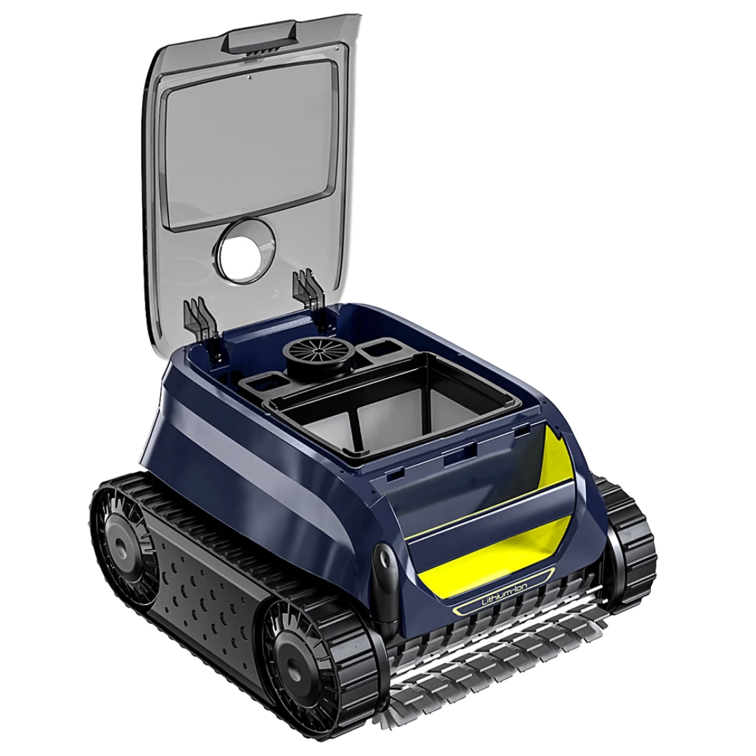 Three-quarter studio view of the Zodiac FreeRider™ FR500 iQ cordless robotic pool cleaner with its transparent top canopy lid opened, revealing the top-access filter canister compartment, dark blue body chassis, yellow accents, and front helical scrubbing brush.
