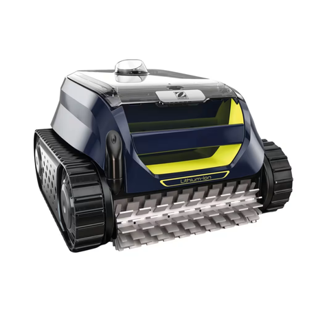 Front three-quarter studio view of the Zodiac FreeRider™ FR800 iQ cordless robotic pool cleaner on an isolated white background, detailing its dark blue chassis, transparent top canopy lid, bright yellow interior accents, Lithium-Ion badge, front helical dual-material scrubbing brush, and continuous black drive tracks.