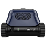 Straight-on rear elevation studio view of the Zodiac FreeRider™ FR800 iQ cordless robotic pool cleaner on an isolated white background, highlighting its dark blue upper body shell, rear mesh water outlet, magnetic charging connector, LED battery charge status indicator, power start button, Wi-Fi connectivity indicator, and black continuous tracks