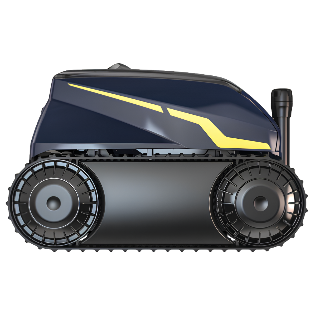 Side profile view of a Zodiac FreeRider iQ cordless robotic pool cleaner highlighting its heavy-duty continuous rubber track system and yellow side accent stripe.