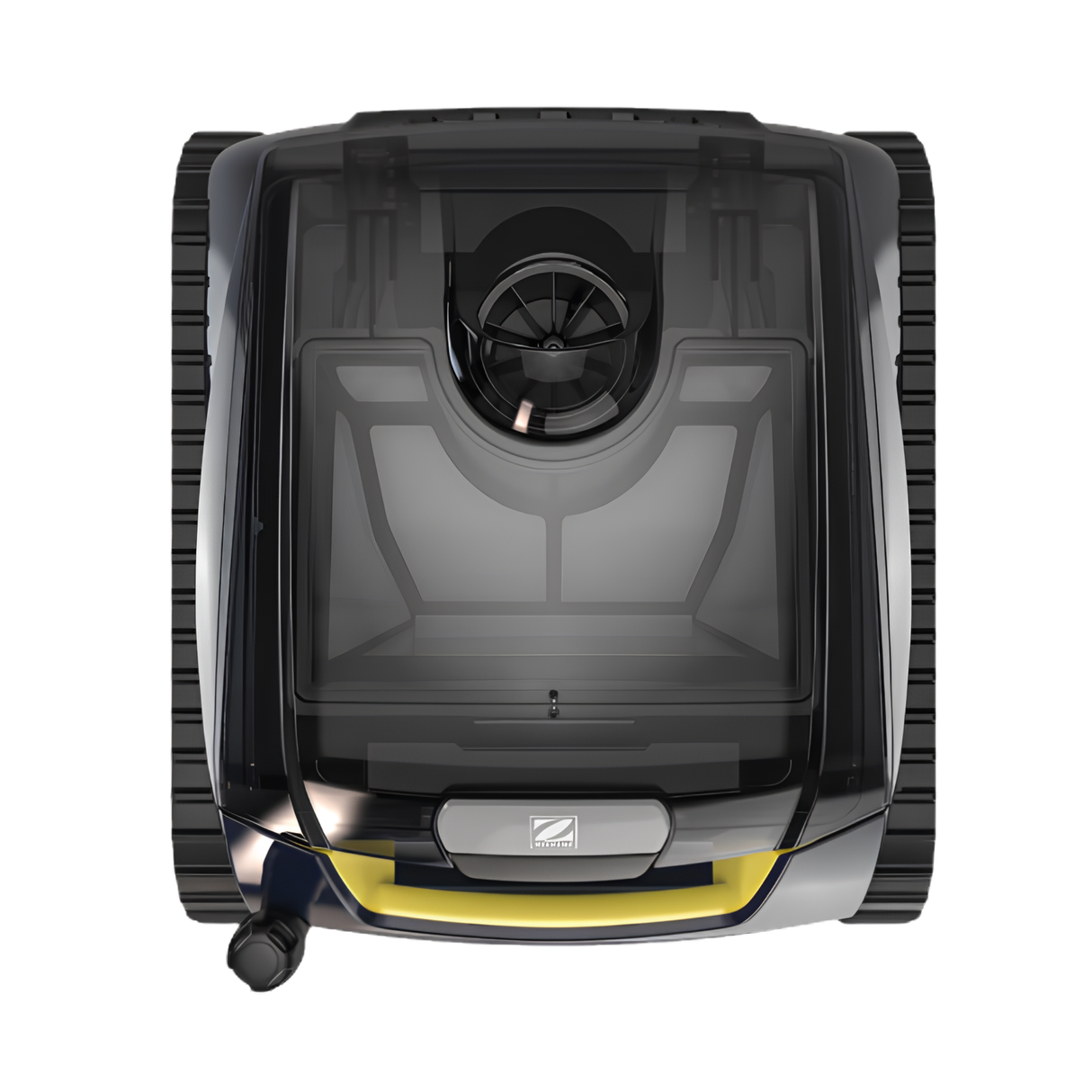 Top-down view of a Zodiac FreeRider iQ cordless robotic pool cleaner showing its transparent canister lid, internal filter basket, and top intake fan.