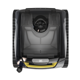 Top-down view of a Zodiac FreeRider iQ cordless robotic pool cleaner showing its transparent canister lid, internal filter basket, and top intake fan.