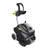 Zodiac FreeRider iQ cordless robotic pool cleaner docked on its transport caddy trolley featuring a silver handle, upper control hook, and bottom storage wheels.