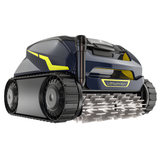 Zodiac FreeRider iQ cordless robotic pool cleaner featuring a dark blue body, yellow accents, rubber tracks, and a lithium-ion battery indicator.