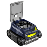 Zodiac FreeRider  cordless robotic pool cleaner with its transparent lid propped open, exposing the large internal mesh filter basket and top intake system.