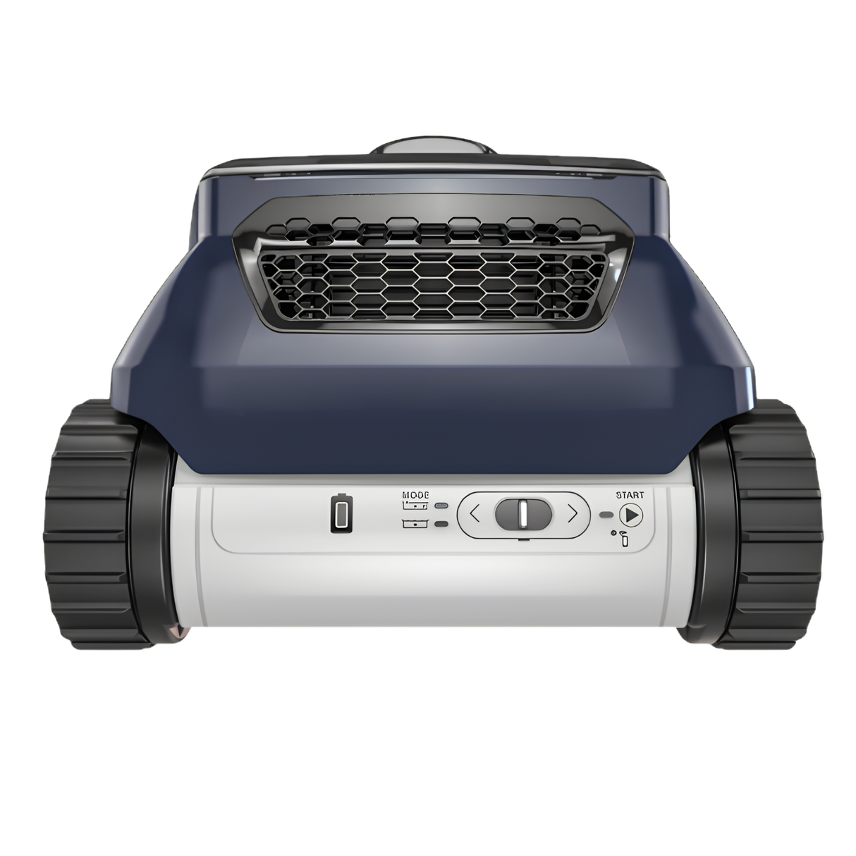 Rear close-up view of a Zodiac FreeRider iQ cordless robotic pool cleaner showing the battery status light, cleaning mode selectors, and start interface below a black honeycomb grille.