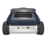 Rear close-up view of a Zodiac FreeRider iQ cordless robotic pool cleaner showing the battery status light, cleaning mode selectors, and start interface below a black honeycomb grille.