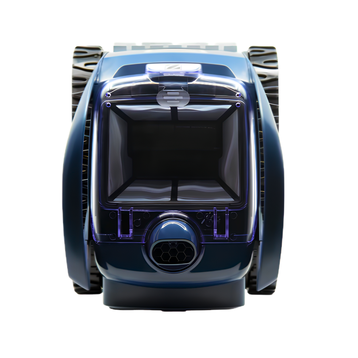 Top rear view of a Zodiac FreeRider iQ cordless robotic pool cleaner highlighting its large transparent filter canister window, internal mesh basket, and honeycomb exhaust port.