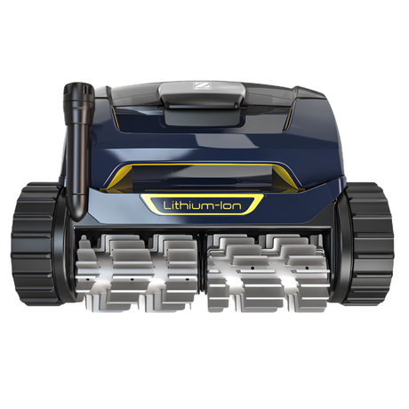 Front view of a Zodiac FreeRider iQ cordless robotic pool cleaner showing its dual scrubbing brushes, tracks, and yellow Lithium-Ion badge.