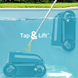 Infographic showing the Zodiac FreeRider iQ cordless pool cleaner utilizing the Tap and Lift system to drive up a pool wall for easy removal using a retrieval hook