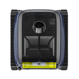 Direct top-down view of a Zodiac FreeRider iQ cordless robotic pool cleaner showing its transparent canister lid, internal dual-stage filter basket, and top exhaust fan.