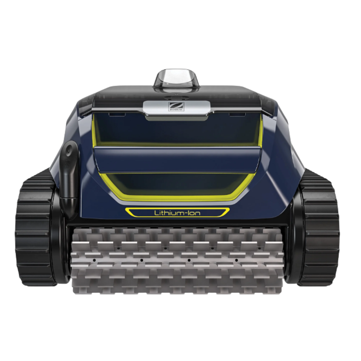 Straight front view of a Zodiac FreeRider FR500 iQ cordless robotic pool cleaner highlighting its single wide active scrubbing roller brush, heavy-duty side tracks, and yellow Lithium-Ion badge.
