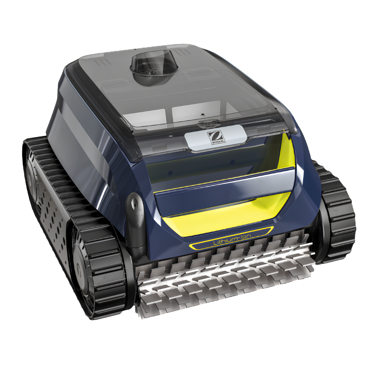High angle view of a Zodiac FreeRider FR500 iQ cordless robotic pool cleaner on a white background showing its transparent filter canister lid, dual rubber tracks, and yellow accents.