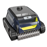 High angle view of a Zodiac FreeRider FR500 iQ cordless robotic pool cleaner on a white background showing its transparent filter canister lid, dual rubber tracks, and yellow accents.