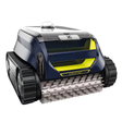 Zodiac FreeRider  iQ cordless robotic pool cleaner on a white background highlighting its front scrubbing brushes, continuous tracks, and yellow Lithium-Ion battery badge.