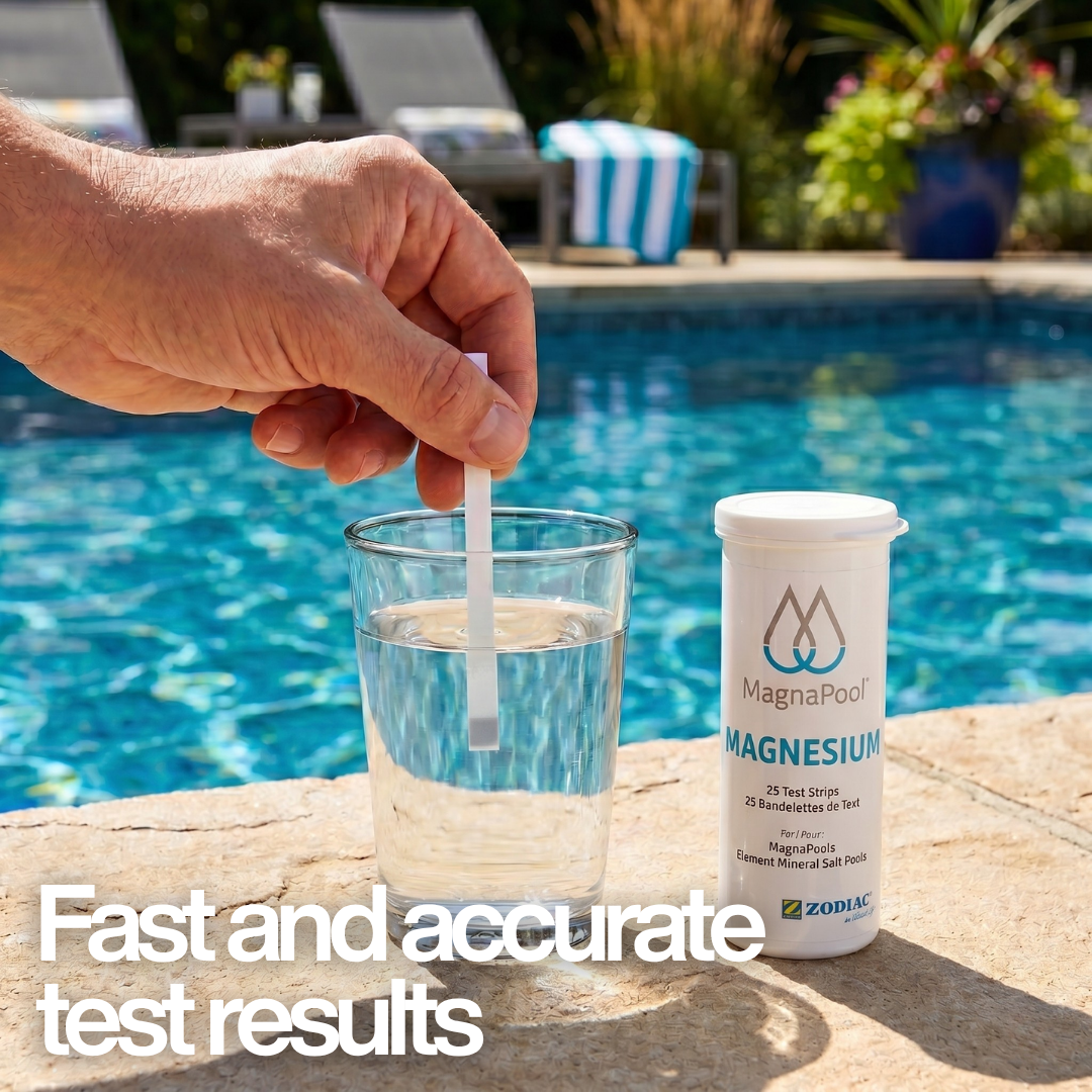 A hand dipping a Zodiac MagnaPool Magnesium test strip into a glass of pool water poolside, with text: "Fast and accurate test results," for measuring mineral levels in MagnaPool and Element systems.