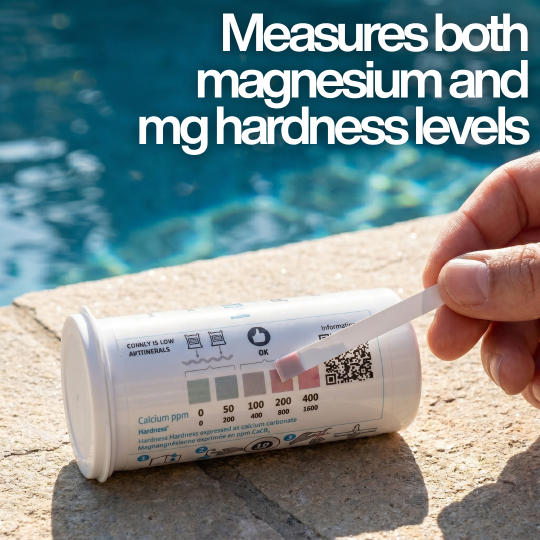 Close-up of a hand comparing a Zodiac MagnaPool test strip to the bottle chart with text: "Measures both magnesium and mg hardness levels," showing Calcium ppm and Hardness scales.